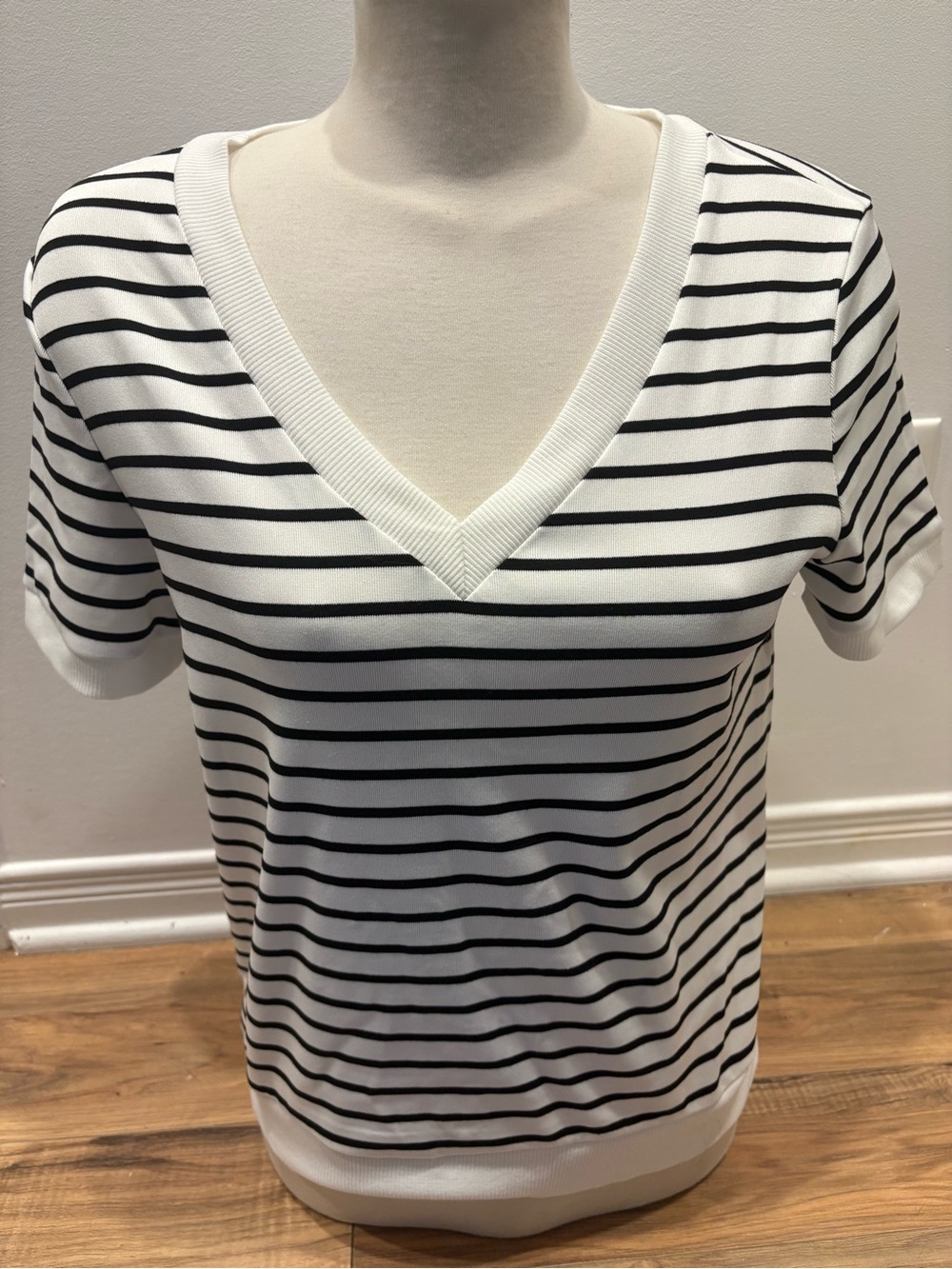 Women's Black & White Striped V-Neck Top